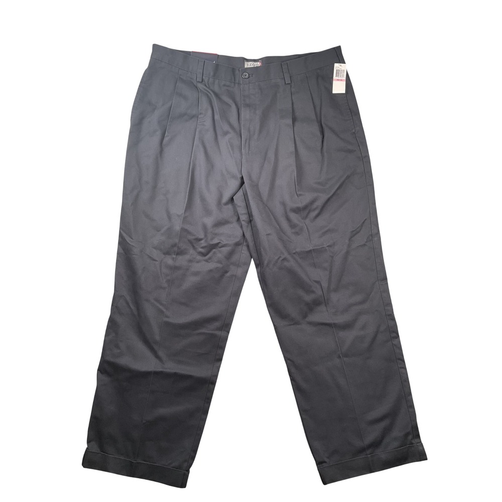 NEW IZOD Heritage Chino Pants Mens 40x30 Black Double Pleated Wrinkle Resistant